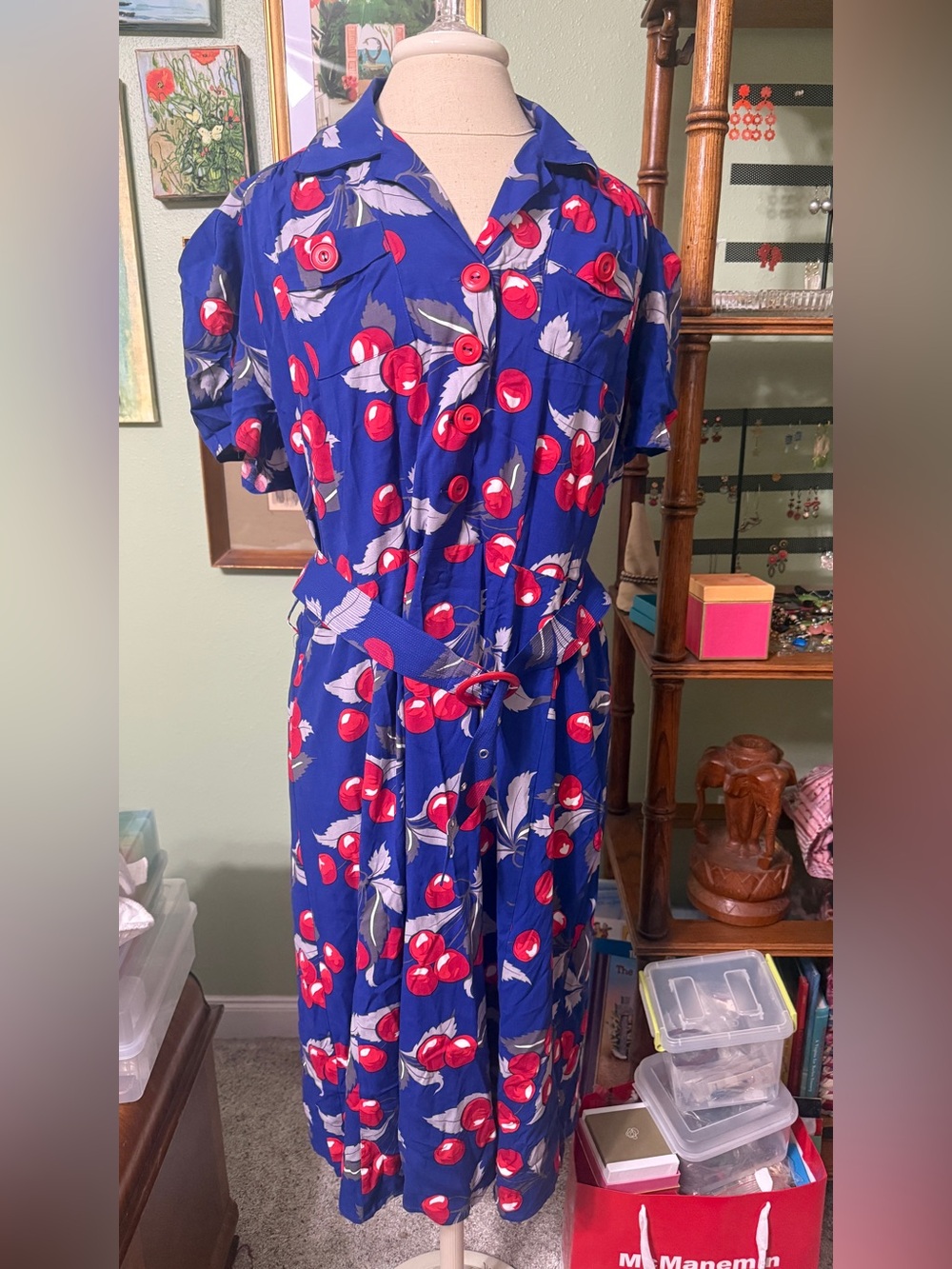 Trashy Diva Royal Blue Cherry-Print Midi Shirt Dress